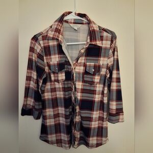 Market & Spruce Navy & Red Plaid 3/4 Sleeve Button Down - Petite Medium